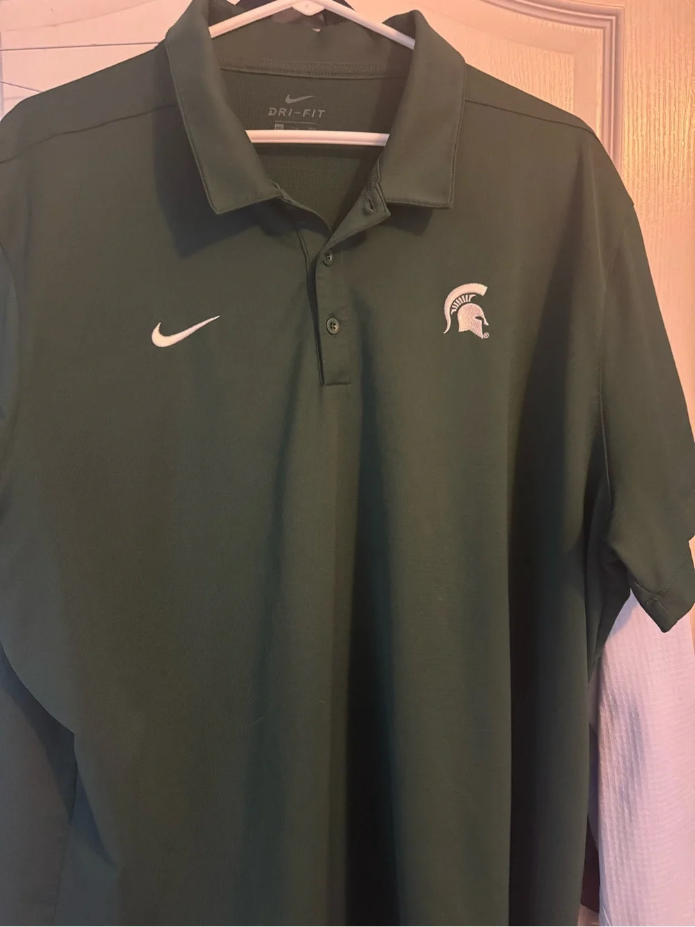 Nike Men's Dark Green Dri-FIT Polo with Spartan Logo